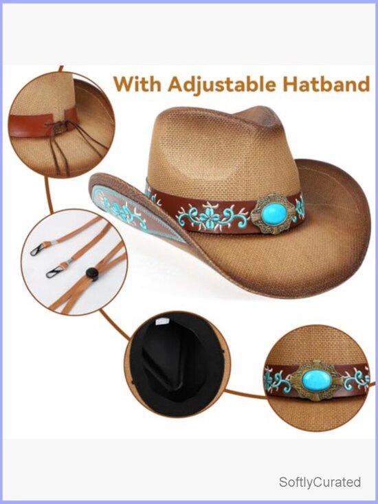 Straw Wide Brim Cowboy Hat with Shapeable Brim, Adjustable Unisex main image 4